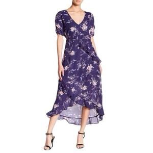 Spirit of Grace Hi Lo Wrap Long Floral Ruched Sleeve Ruffle Dress - S